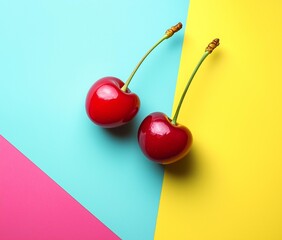 Two shiny red cherries placed together on a vibrant eometric background. Minimlist fruit composition wit playful color contrast an modern style.