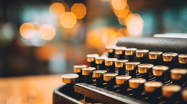 newsroom. Vintage typewriter keys in focus on a wooden desk in a bustling newsroom. product launch decks, UI/UX mockups, designed for data visualization dashboards and holographic UIs.