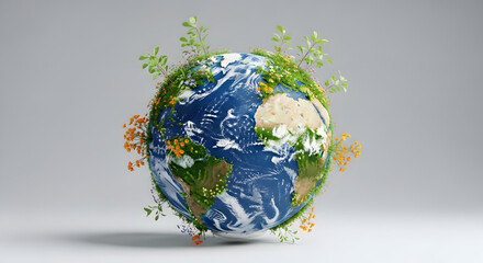 Fototapeta premium World Water Day Vibrant Earth globe covered in lush green grass, blooming flowers, and sprouting plants, celebrating eco-friendly growth and nature.