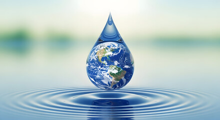 World  Water Day Single water drop containing the Earth globe falls into calm water, creating concentric ripples in a serene natural landscape.