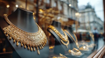 Jewelry displayed in a shop window in a busy street in a city during the day with people walking by