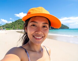 Smiling woman in an orange cap takes a selfie on a sunny beach with green hills in the background