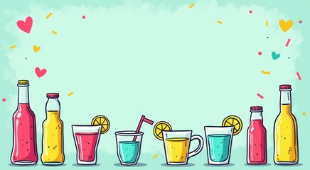 Many different summer drinks and beverages on the table copy space drink background