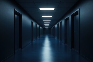 Dimly Lit Narrow Corridor With Doors Leading Into Darkness