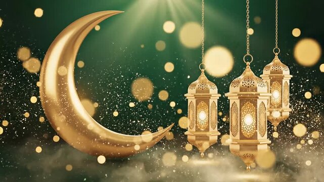 Beautiful golden crescent moon and hanging lanterns shining brightly against a deep green atmosphere with floating golden sparkles
