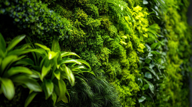 A lush green living wall with various plants and moss growing densely together in a modern setting