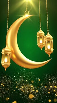Glowing golden crescent moon and ornate hanging lanterns displayed against a rich green backdrop for a spiritual Ramadan holiday celebration