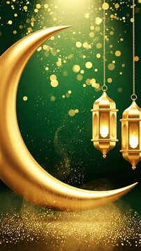 Religious Islamic symbol of a crescent moon and hanging lanterns glowing with warmth on a green background with drifting gold dust