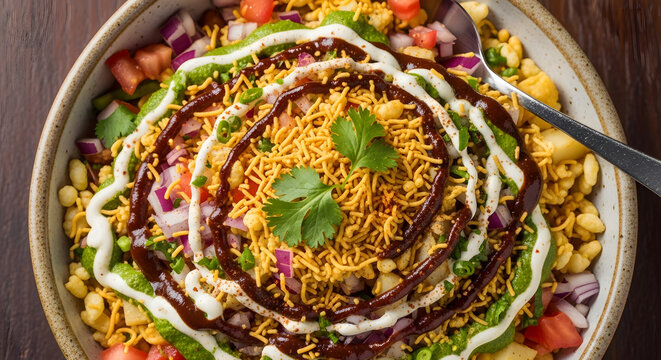 A serving of bhel puri with puffed rice and vegetables