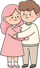 Charming illustration of a sweet young couple embracing affectionately, symbolizing love, happiness, and togetherness in a cute, simple cartoon style, perfect for romantic themes