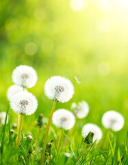 Dandelion flowers in a sunny green meadow.