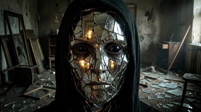 A figure with a shiny, fragmented face stands in an old and neglected room. Broken furniture and discarded items fill the space, creating an eerie atmosphere
