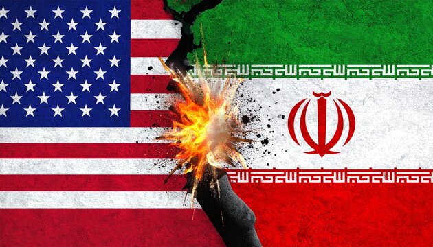 U.S. and Iran flags split by crack with explosion symbolizing geopolitical tension and impending conflict.