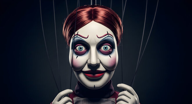 The close up face of a traditional string marionette