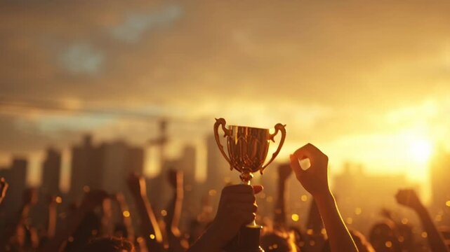 Trophy held high in celebration of victory at sunset.