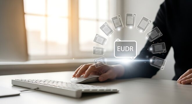 Close-up of a person's hand on a computer mouse, with a holographic EUDR interface showing document icons and glowing effects. - Powered by Adobe