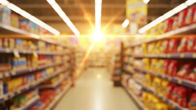 Blurred view of supermarket aisle with bright overhead lighting and lens flare