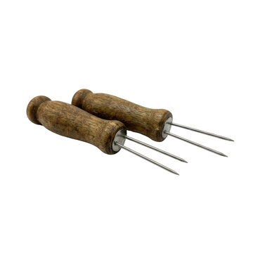 Pair Of Vintage Wood Handled Ice Picks With Metal Prongs On Black Background