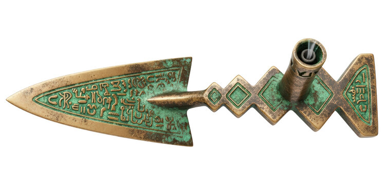 Bronze ceremonial spearhead with engraved runes isolated on transparent background