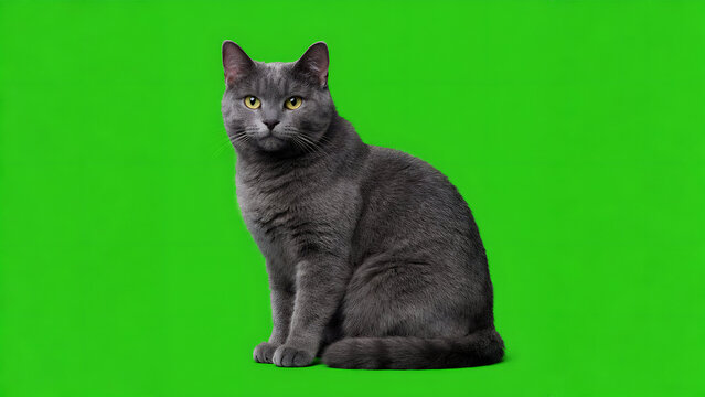 A majestic Russian Blue cat with piercing yellow eyes sits regally on a vibrant green background, its sleek gray fur glistening in the light