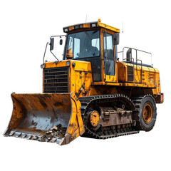 Robust yellow industrial tracked bulldozer machine isolated on Transparent Background