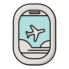 Fototapeta premium Airplane window view of a jet flying through clouds during the day, representing travel and aviation