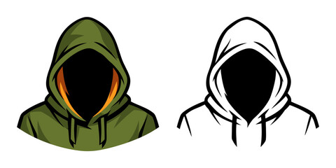 Modern graphic and line art style illustration set featuring anonymous hooded figures for esports and security