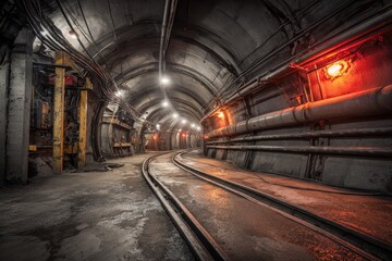 Underground tunnel with tracks and lighting in an industrial setting at night time