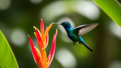 Obraz premium Tiny hummingbird with iridescent feathers sips nectar from a vibrant tropical flower.