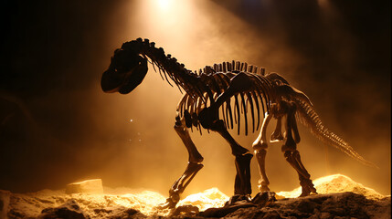 unearthing. Museum diorama of a newly discovered dinosaur skeleton silhouette in stone. STEM education sheets, lab safety posters, designed for biotech research communications.