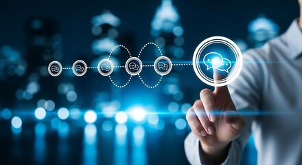 A person's finger touches a digital interface, activating a chain of chat bubble icons, symbolizing online communication and messaging.