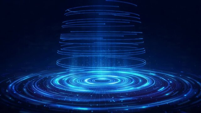 Blue glowing neon light spiral effect on dark background.