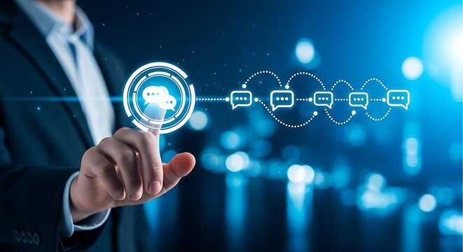Businessman interacts with a glowing digital interface displaying a sequence of chat icons, representing online conversation and interaction. - Powered by Adobe