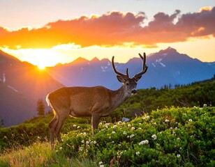 Deer standing on a mountain meadow at sunrise.