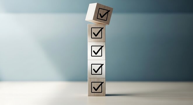 Vertical Stack of Five Wooden Blocks with Checkmark Icons, Symbolizing Sequential Task Completion and Project Success.