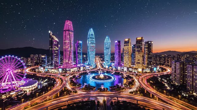 Night view of shenzhen cityscape with illuminated skyscrapers, ferris wheel, and busy highway interchange under a starry sky