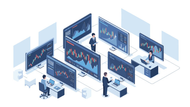 Multiple computer screens display various graphs in a modern office environment with people analyzing data from different viewpoints