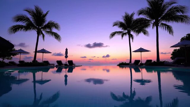 Tropical infinity pool at sunset with palm tree silhouettes
