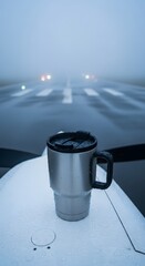 Silver travel mug on aircraft during heavy fog on a dark airport runway.
