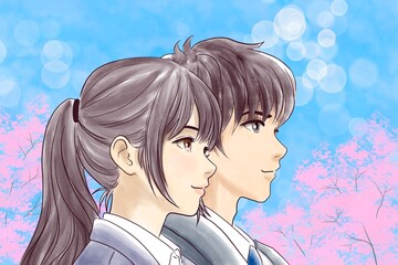 制服を着た若い男女　桜背景