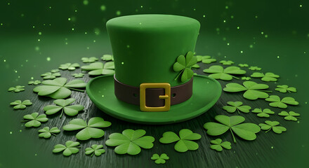 Happy St. Patrick's Day St. Patrick's Day leprechaun hat surrounded by shamrocks on a dark wood surface with bokeh