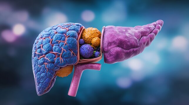 Medical illustration of the human pancreas showing adenocarcinoma tumor