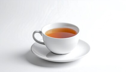 Obraz premium Steaming tea in a white cup rests on a matching saucer against a bright, clean white background