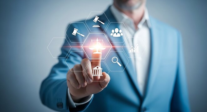 Businessman tapping a glowing scales of justice icon at the center of a hexagonal network of legal, financial, and governance symbols, emphasizing compliance and integrity.