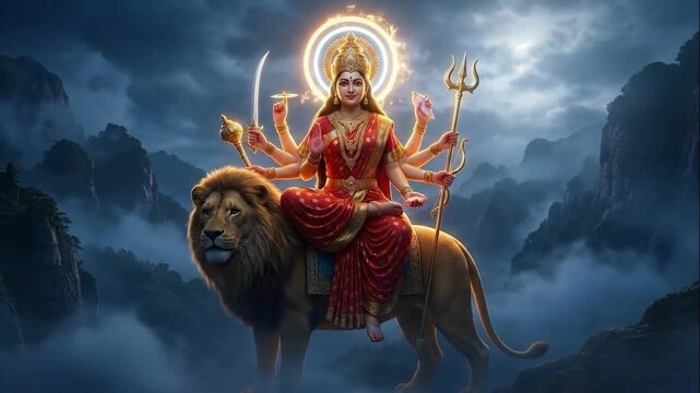 Divine goddess durga, glowing red and gold, riding her majestic lion over dark mountains in a dramatic digital illustration.