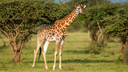 Majestic Giraffe Grazing Amongst Acacia Trees in African Savanna