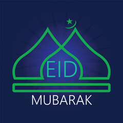 Eid Mubarak Islamic Greeting Design with Mosque Dome, Crescent Moon and Star