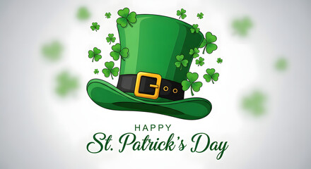 Happy St. Patrick's Day greeting with a festive green leprechaun hat and floating shamrocks