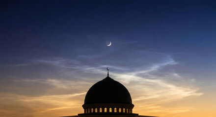 Obraz premium Silhouette of Mosque Dome with Crescent Moon Against a Beautiful Twilight Sky