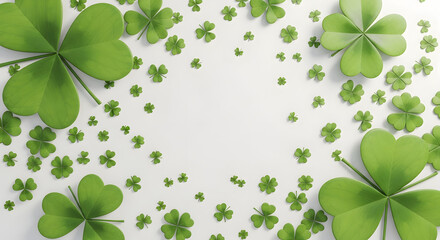 Happy St. Patrick's Day Scattered green clovers and shamrocks on a clean white background, creating a festive frame